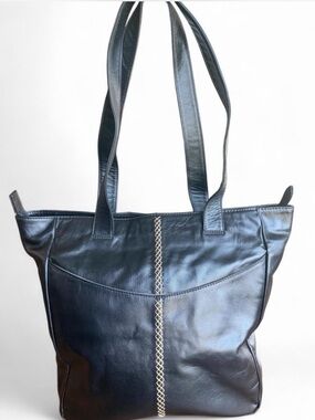 ✨  Vintage John Cole Collections Black Full Grain Leather Stitch Tote ✨